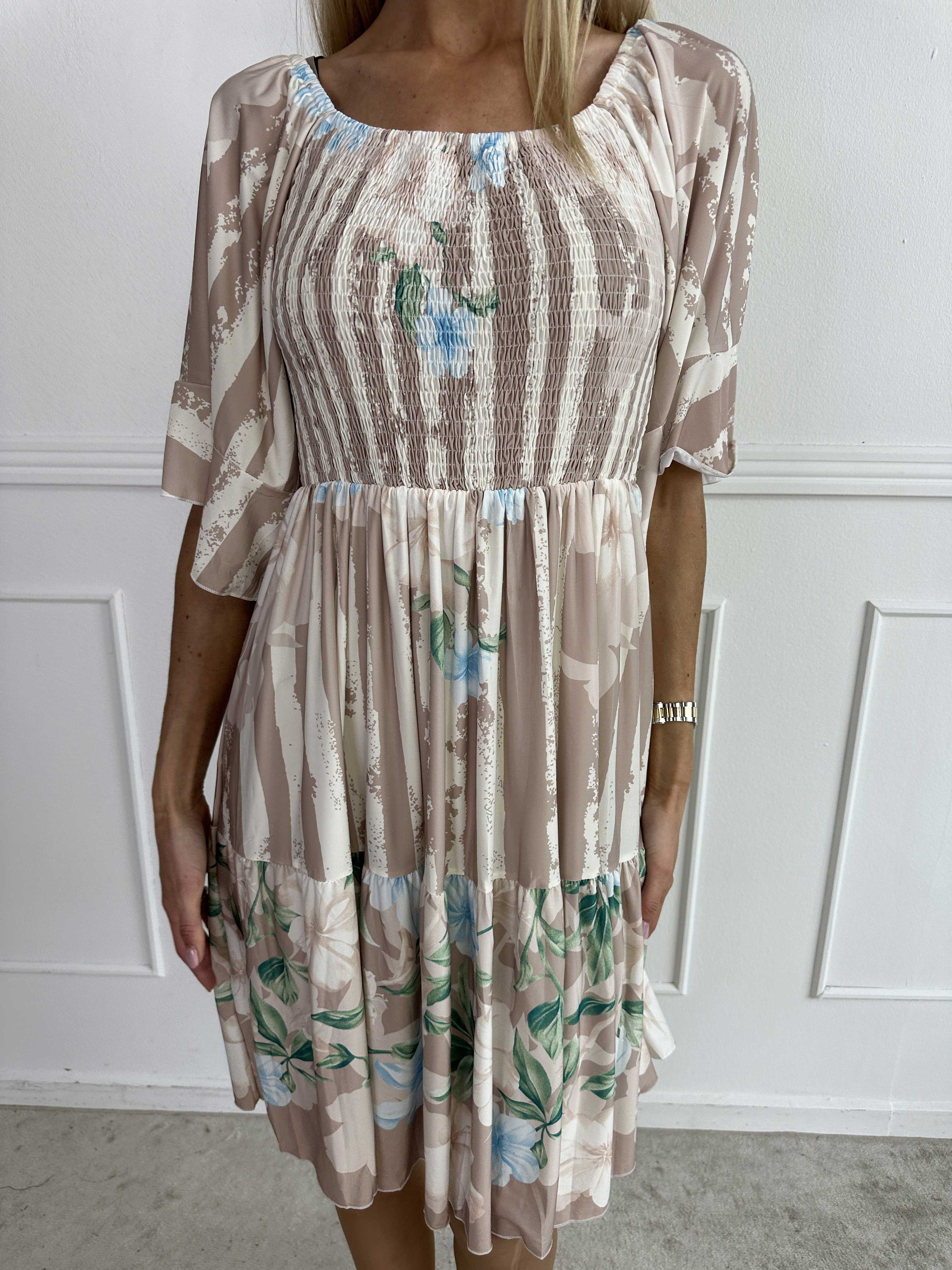 Elna Floral Stripe Short - Blommig elastisk klänning med smockat bröst